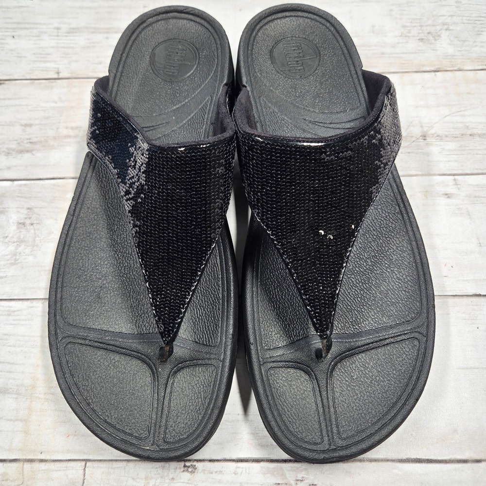 FitFlop Electra Sequin Thong Sandals Womens 11 Black Microwobbleboard 034-001
